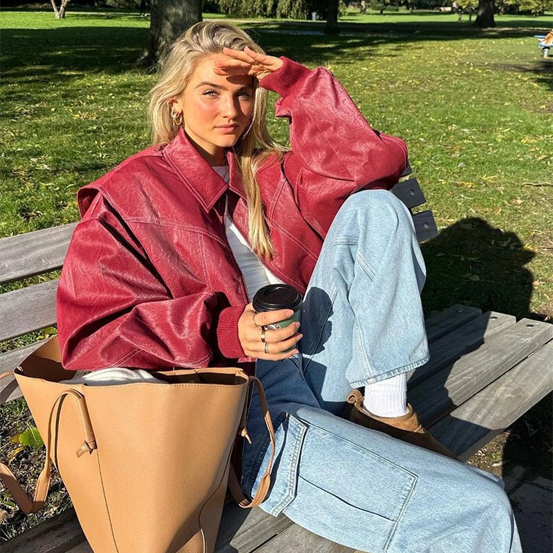 Loose Fashion Lapel Zip-up Jacket Cool Long Sleeve Zipper Closure Moto Biker Leather Jacket Womens Clothing.
