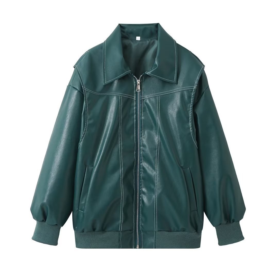 Loose Fashion Lapel Zip-up Jacket Cool Long Sleeve Zipper Closure Moto Biker Leather Jacket Womens Clothing.