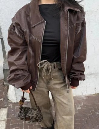 Loose Fashion Lapel Zip-up Jacket Cool Long Sleeve Zipper Closure Moto Biker Leather Jacket Womens Clothing.