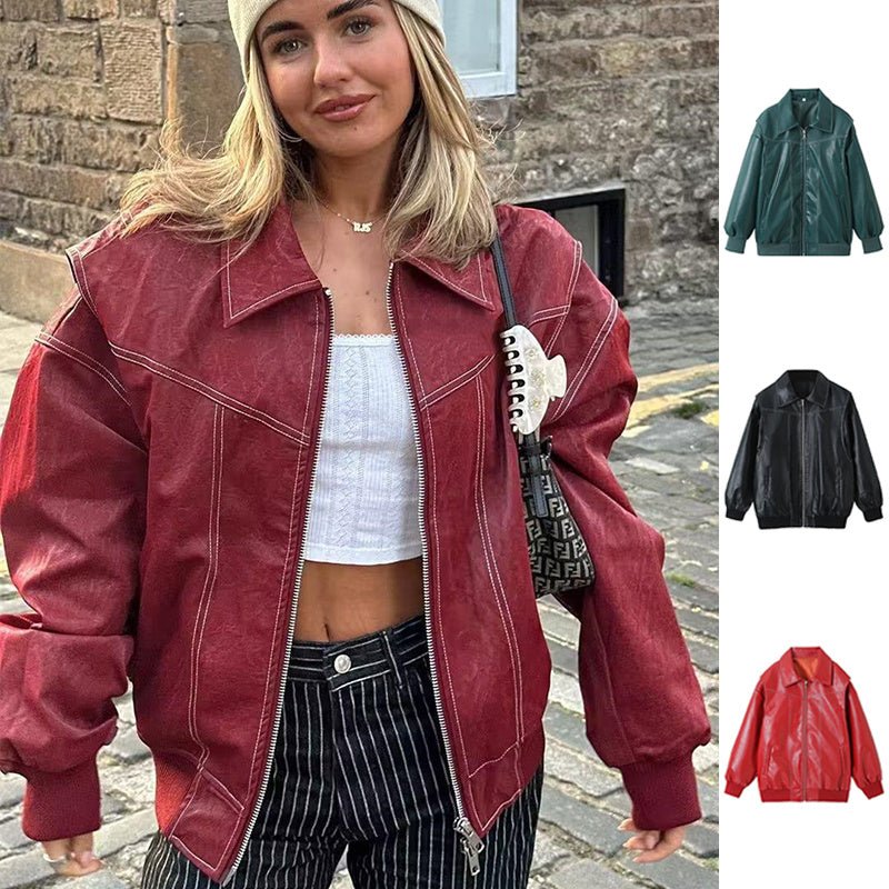 Loose Fashion Lapel Zip-up Jacket Cool Long Sleeve Zipper Closure Moto Biker Leather Jacket Womens Clothing.