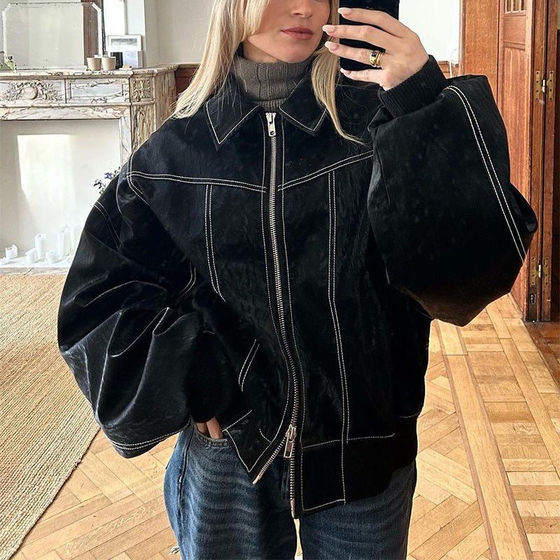 Loose Fashion Lapel Zip-up Jacket Cool Long Sleeve Zipper Closure Moto Biker Leather Jacket Womens Clothing.