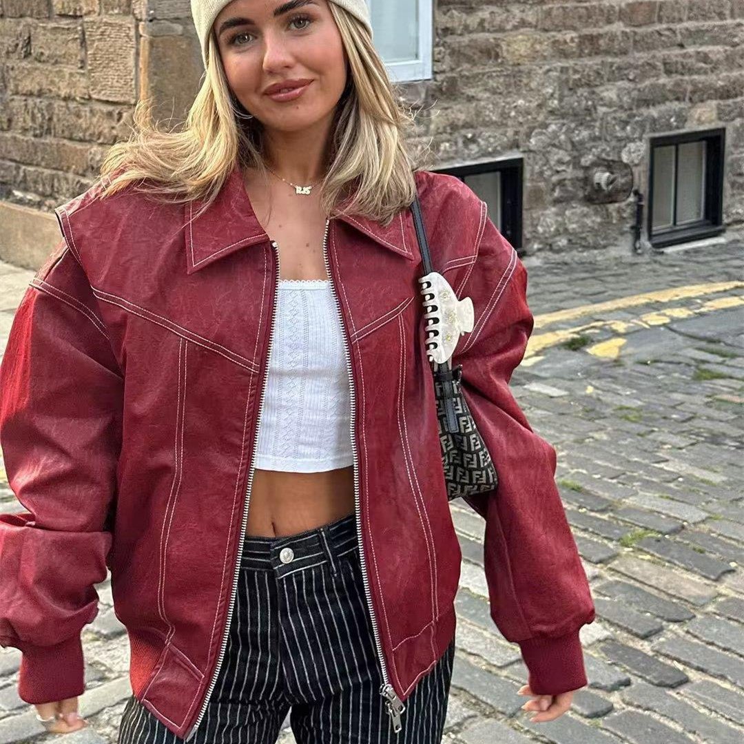 Loose Fashion Lapel Zip-up Jacket Cool Long Sleeve Zipper Closure Moto Biker Leather Jacket Womens Clothing.