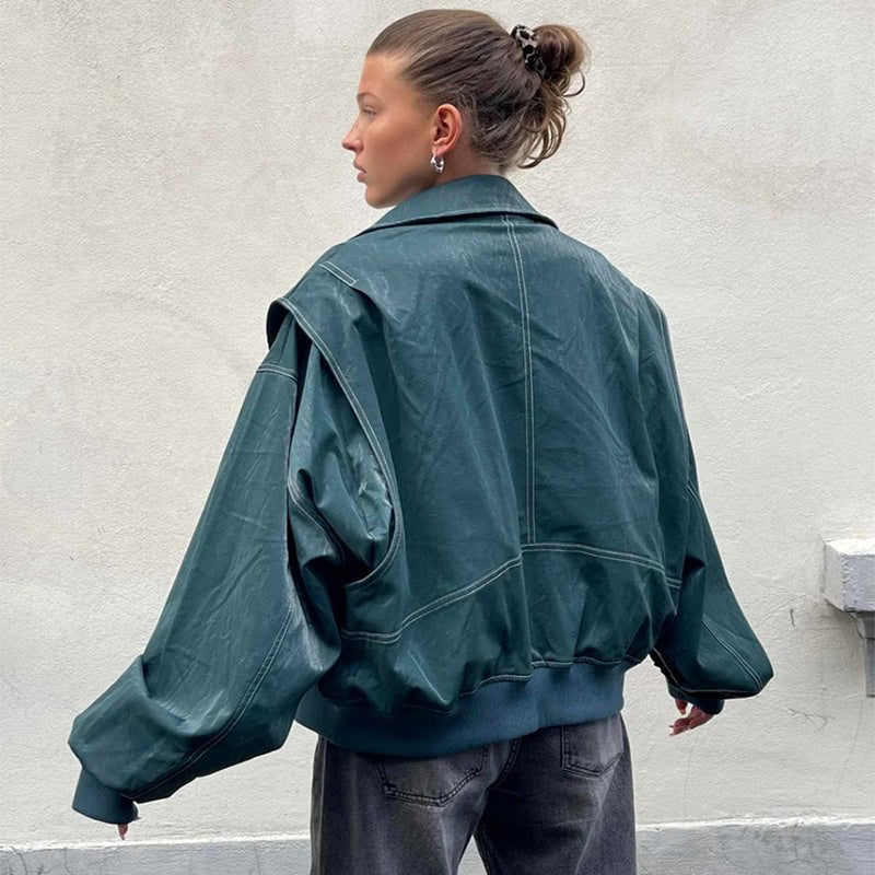 Loose Fashion Lapel Zip-up Jacket Cool Long Sleeve Zipper Closure Moto Biker Leather Jacket Womens Clothing.