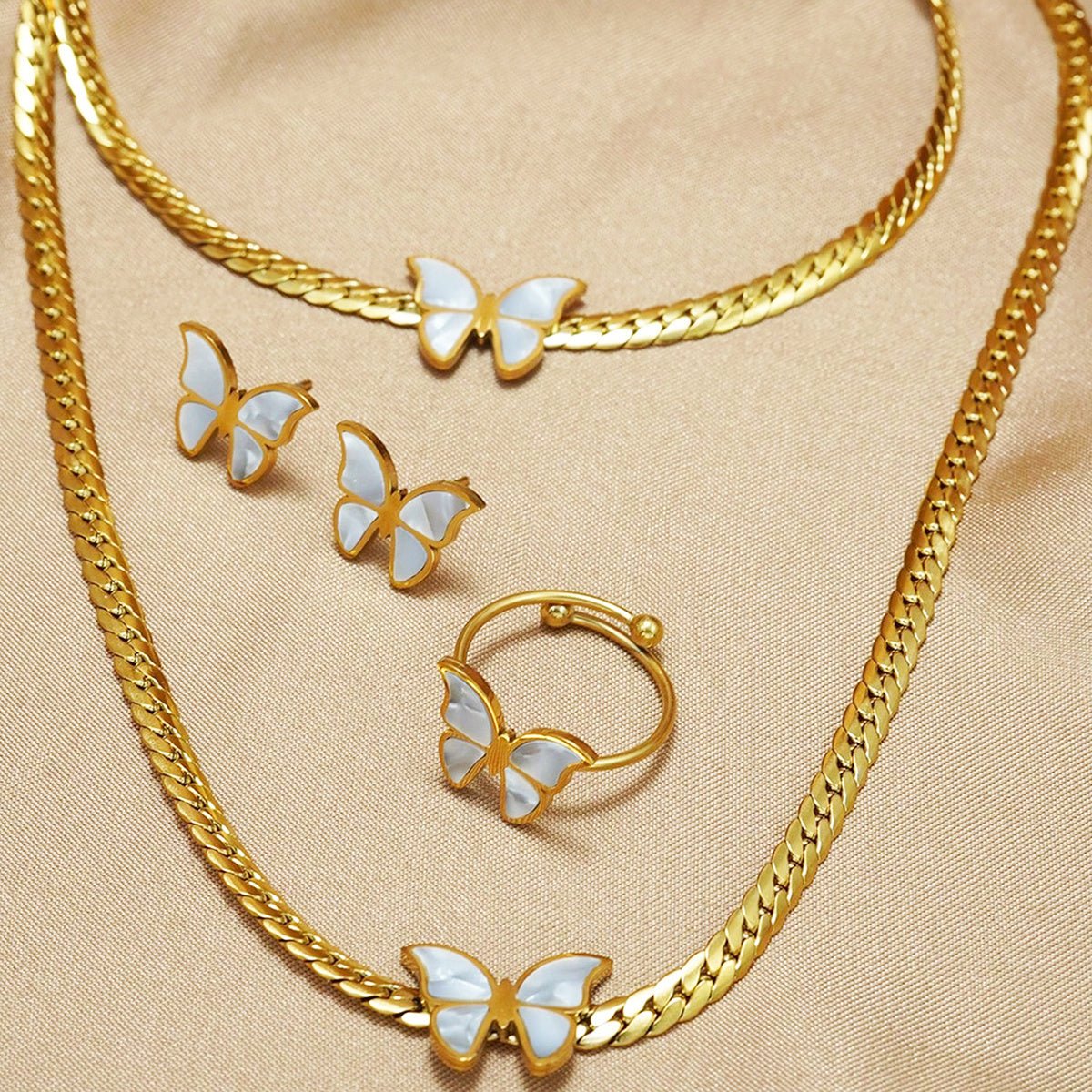 Lxalry 18K Gold Plated Butterfly Jewelry Set With Mirror Polish Hypoallergenic Skin Safe 4PCS Necklace Earrings Bracelet Ring For Women, Never Fade Luxury Gift For Her.