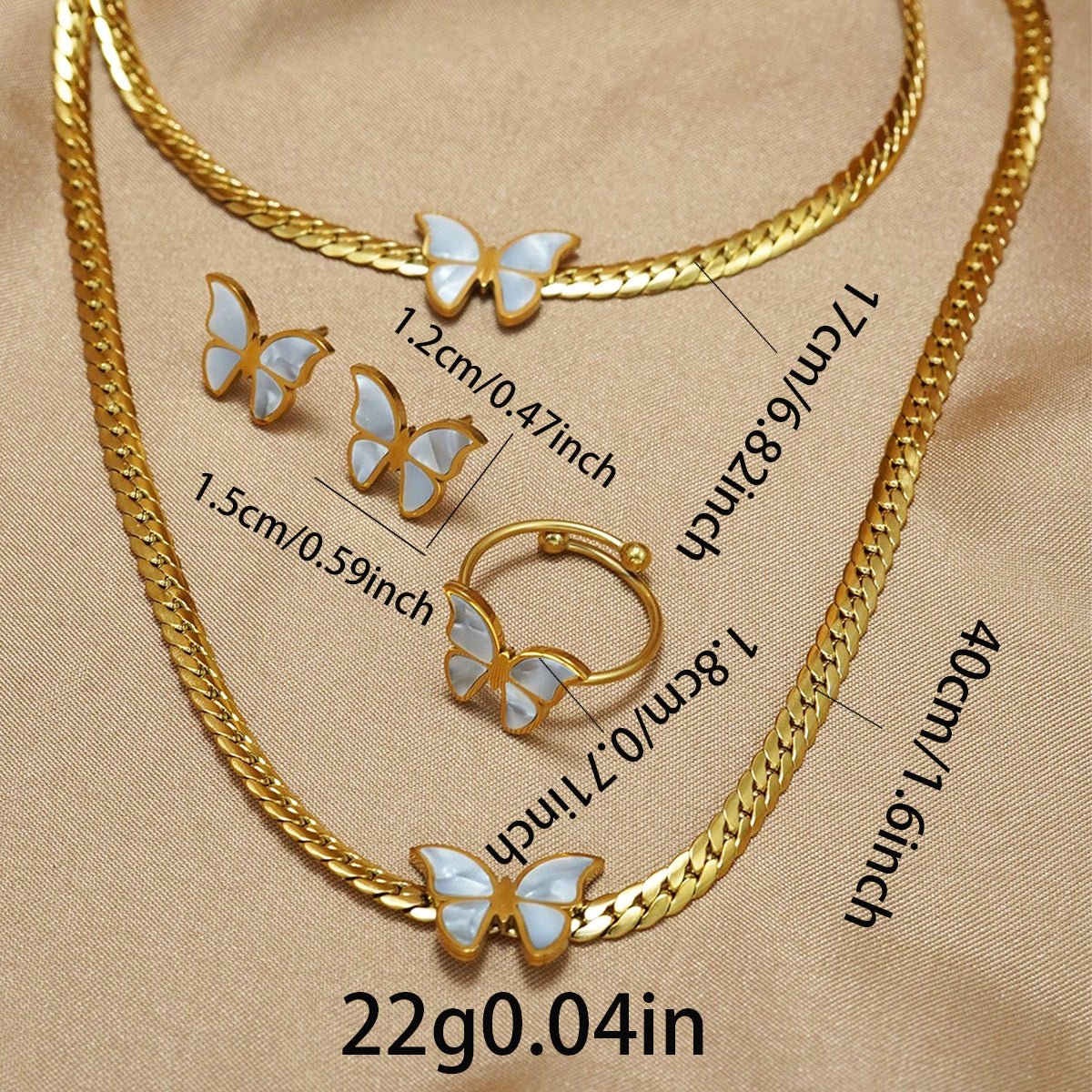 Lxalry 18K Gold Plated Butterfly Jewelry Set With Mirror Polish Hypoallergenic Skin Safe 4PCS Necklace Earrings Bracelet Ring For Women, Never Fade Luxury Gift For Her.