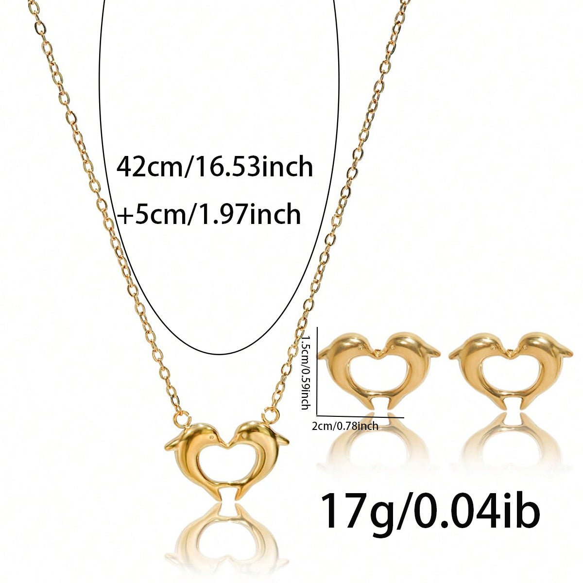 Lxalry 18K Gold Plated Heart Dolphins Mirror Jewelry Set Hypoallergenic Skin Safe Necklace Stud Earrings For Couple S Gift Daily Wear Never Fade Adjustable Luxury With Precision Cast Symmetry.