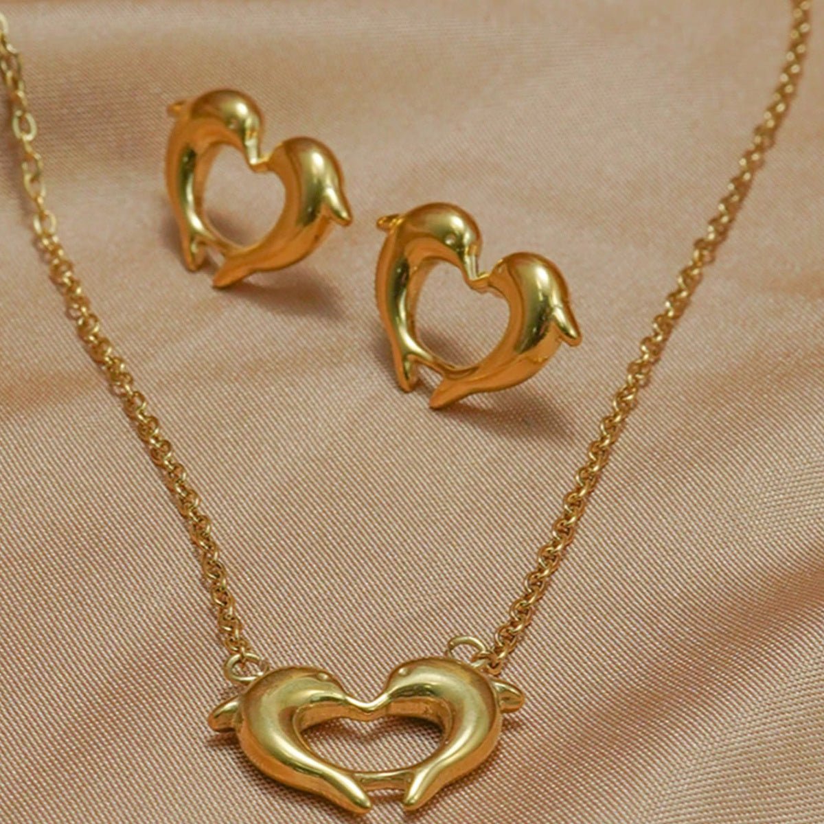 Lxalry 18K Gold Plated Heart Dolphins Mirror Jewelry Set Hypoallergenic Skin Safe Necklace Stud Earrings For Couple S Gift Daily Wear Never Fade Adjustable Luxury With Precision Cast Symmetry.