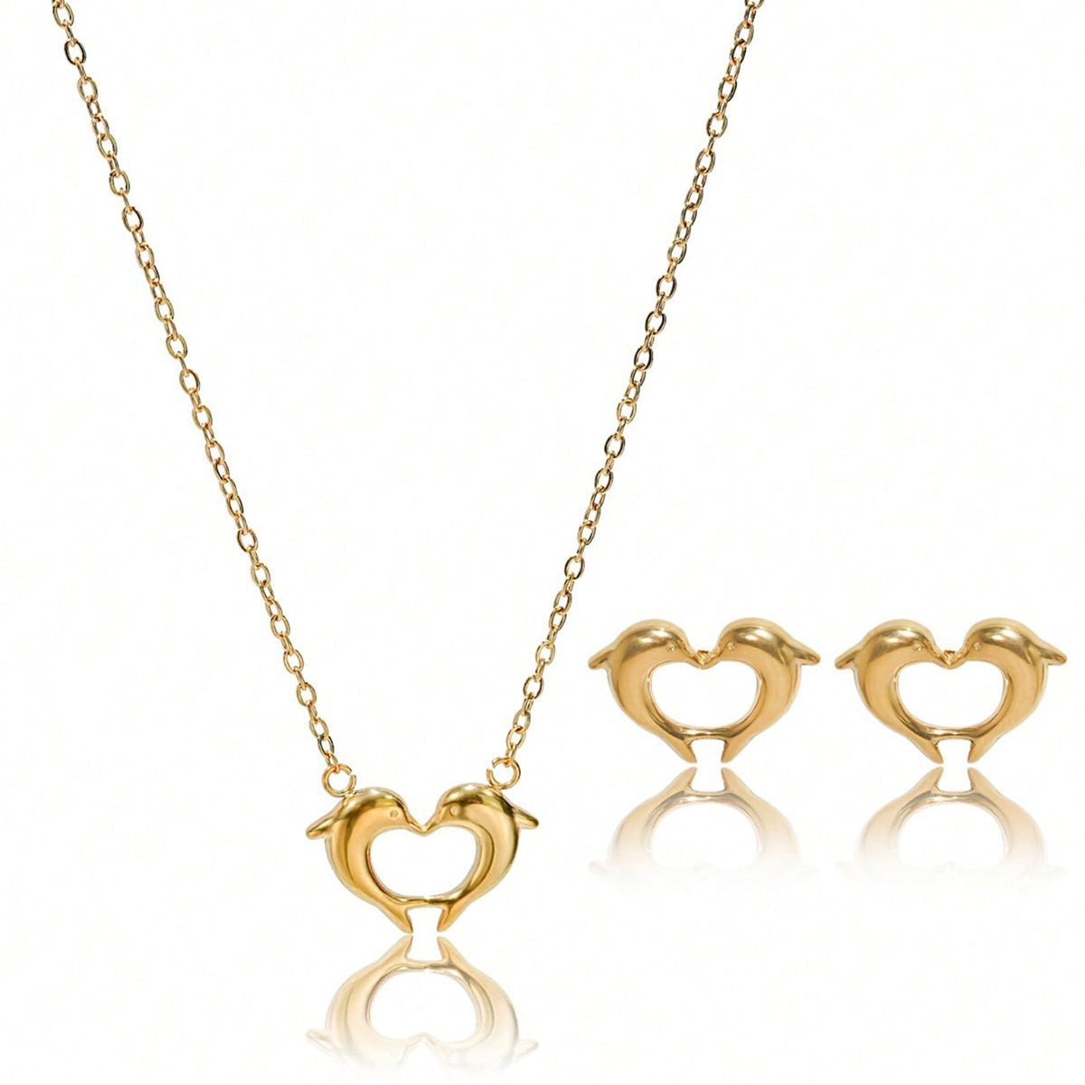 Lxalry 18K Gold Plated Heart Dolphins Mirror Jewelry Set Hypoallergenic Skin Safe Necklace Stud Earrings For Couple S Gift Daily Wear Never Fade Adjustable Luxury With Precision Cast Symmetry.
