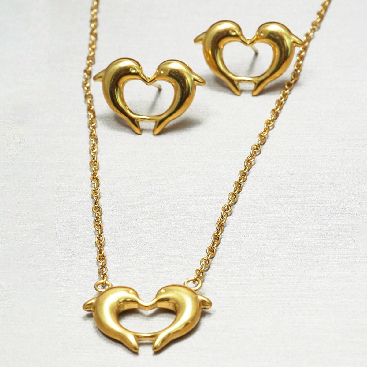 Lxalry 18K Gold Plated Heart Dolphins Mirror Jewelry Set Hypoallergenic Skin Safe Necklace Stud Earrings For Couple S Gift Daily Wear Never Fade Adjustable Luxury With Precision Cast Symmetry.