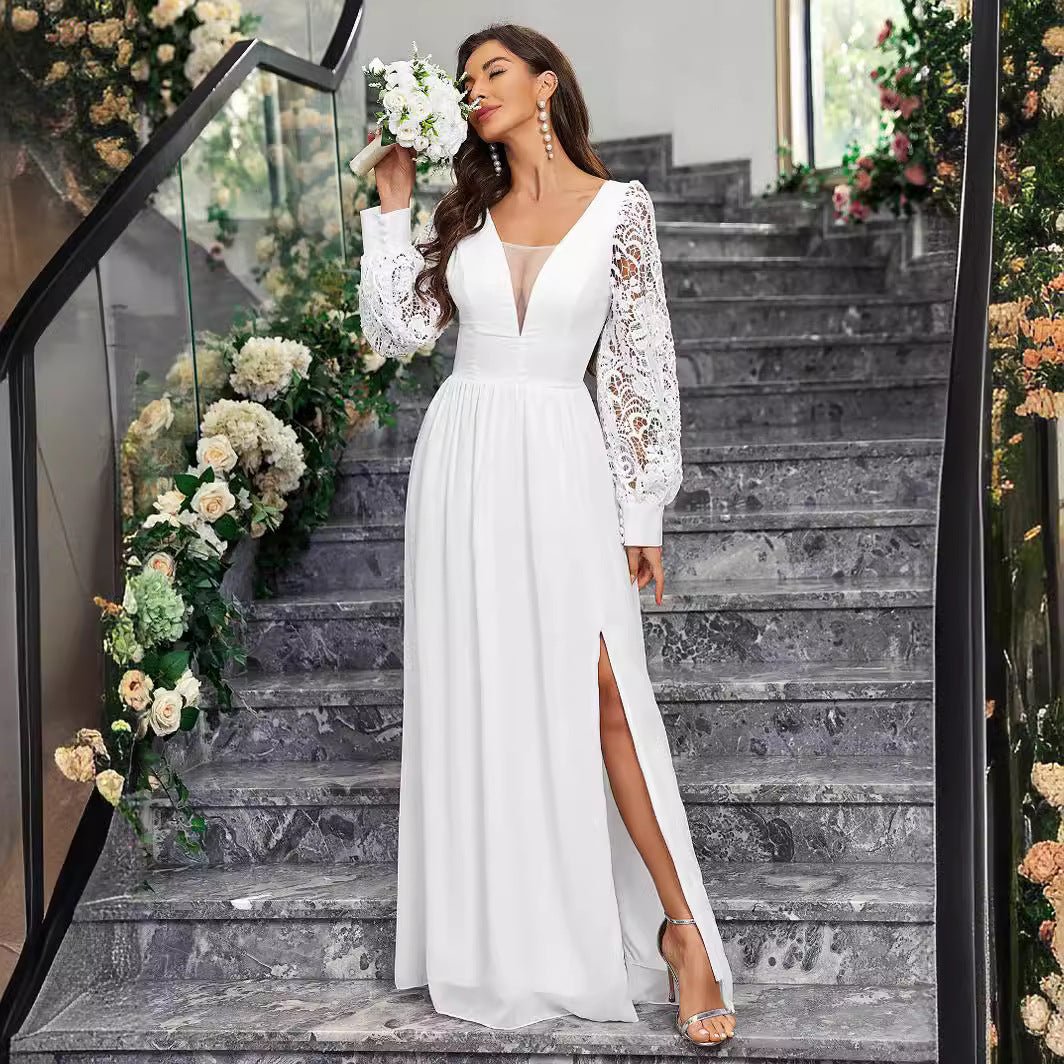 New Solid Color Elegant V-neck Slim Fit Slit Long Sleeve Dress.
