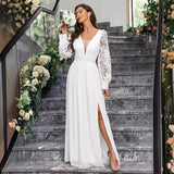 New Solid Color Elegant V-neck Slim Fit Slit Long Sleeve Dress.