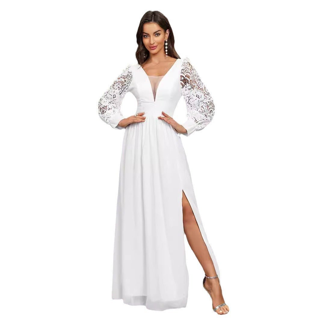 New Solid Color Elegant V-neck Slim Fit Slit Long Sleeve Dress.
