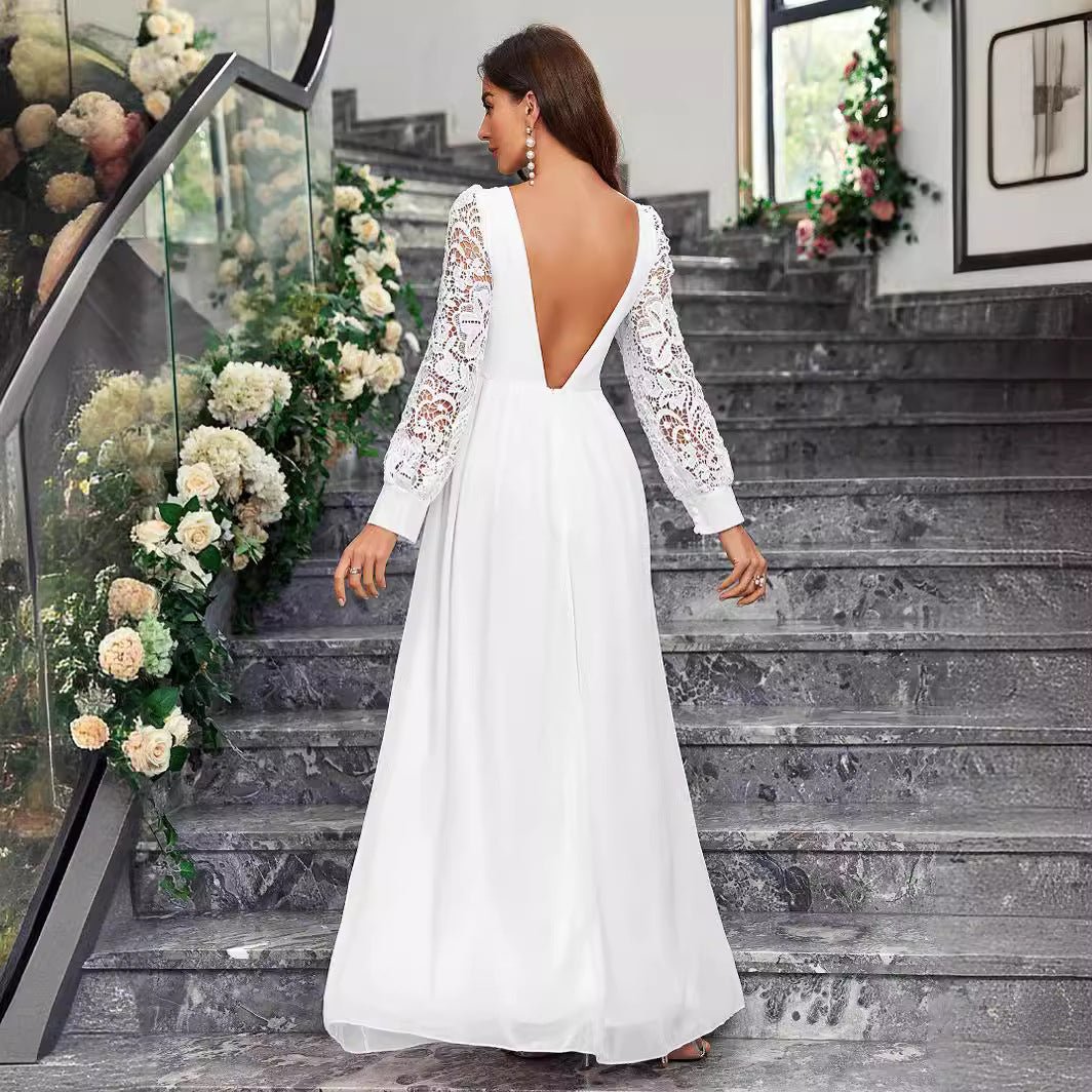 New Solid Color Elegant V-neck Slim Fit Slit Long Sleeve Dress.