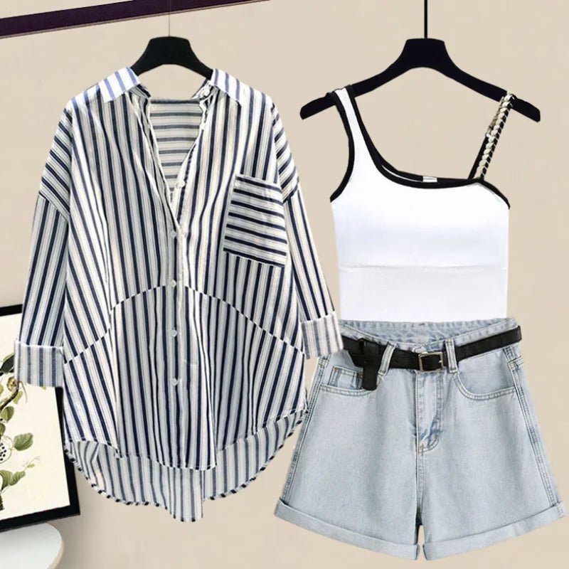 Trendy spring/summer outfit featuring striped UV-protective shirt, stylish tank top, and slim denim shorts.
