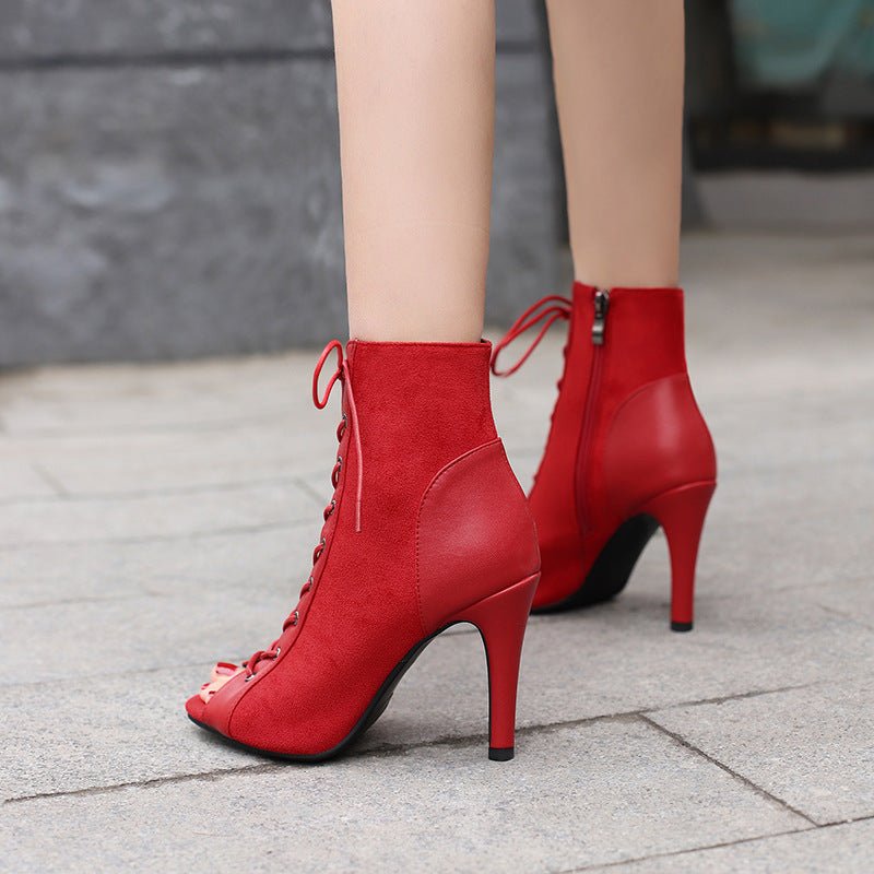 Peep Toe Frosted Casual Shoes Front Lace-up High Heel Sandals.