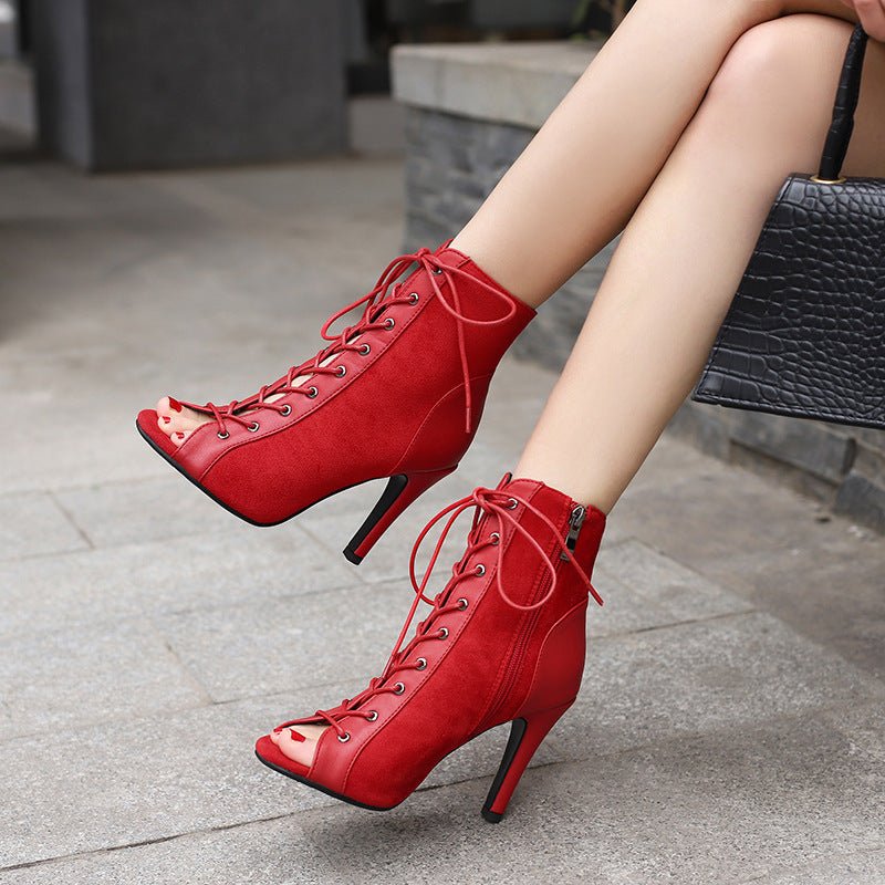 Peep Toe Frosted Casual Shoes Front Lace-up High Heel Sandals.