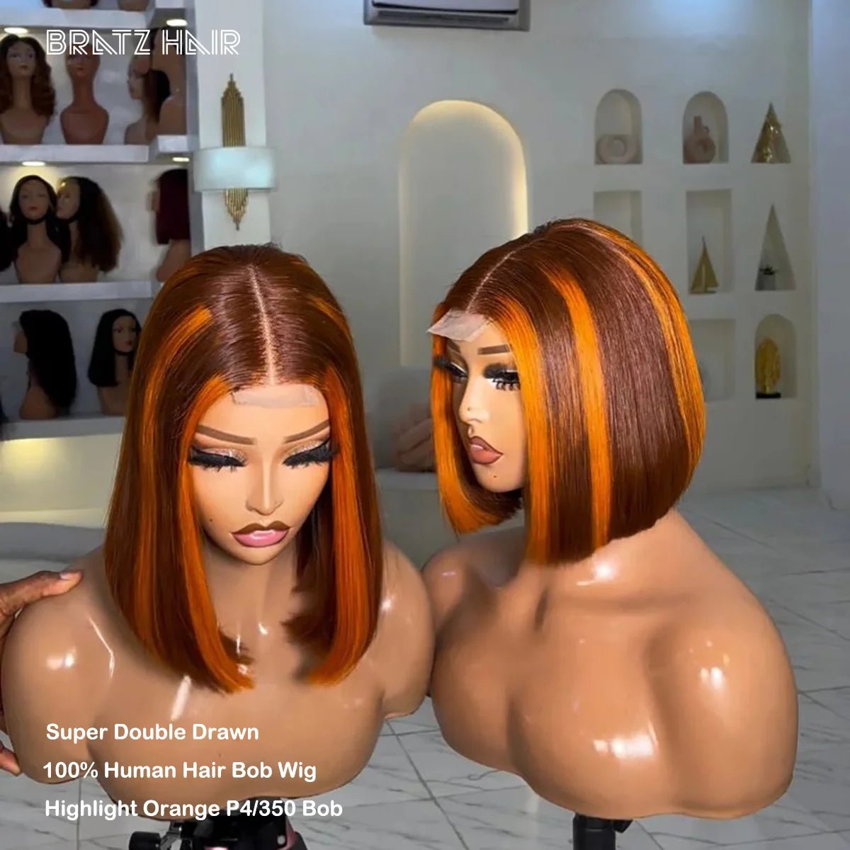 Perruque bob lisse orange cuivré en cheveux humains vietnamiens Super Double Drawn. Disponible en lace frontale HD 13x6, 13x4 ou 2x6 (Kim K Closure). Coupe courte ultra tendance, couleur vibrante, densité naturelle. Look ch.