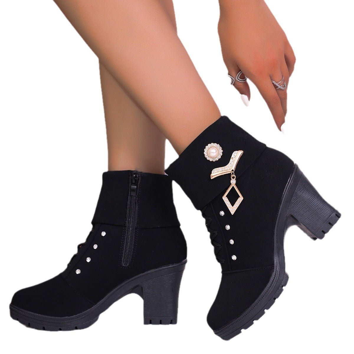 Plus Size Martin Boots Rhinestone High-heeled Cotton Boots.