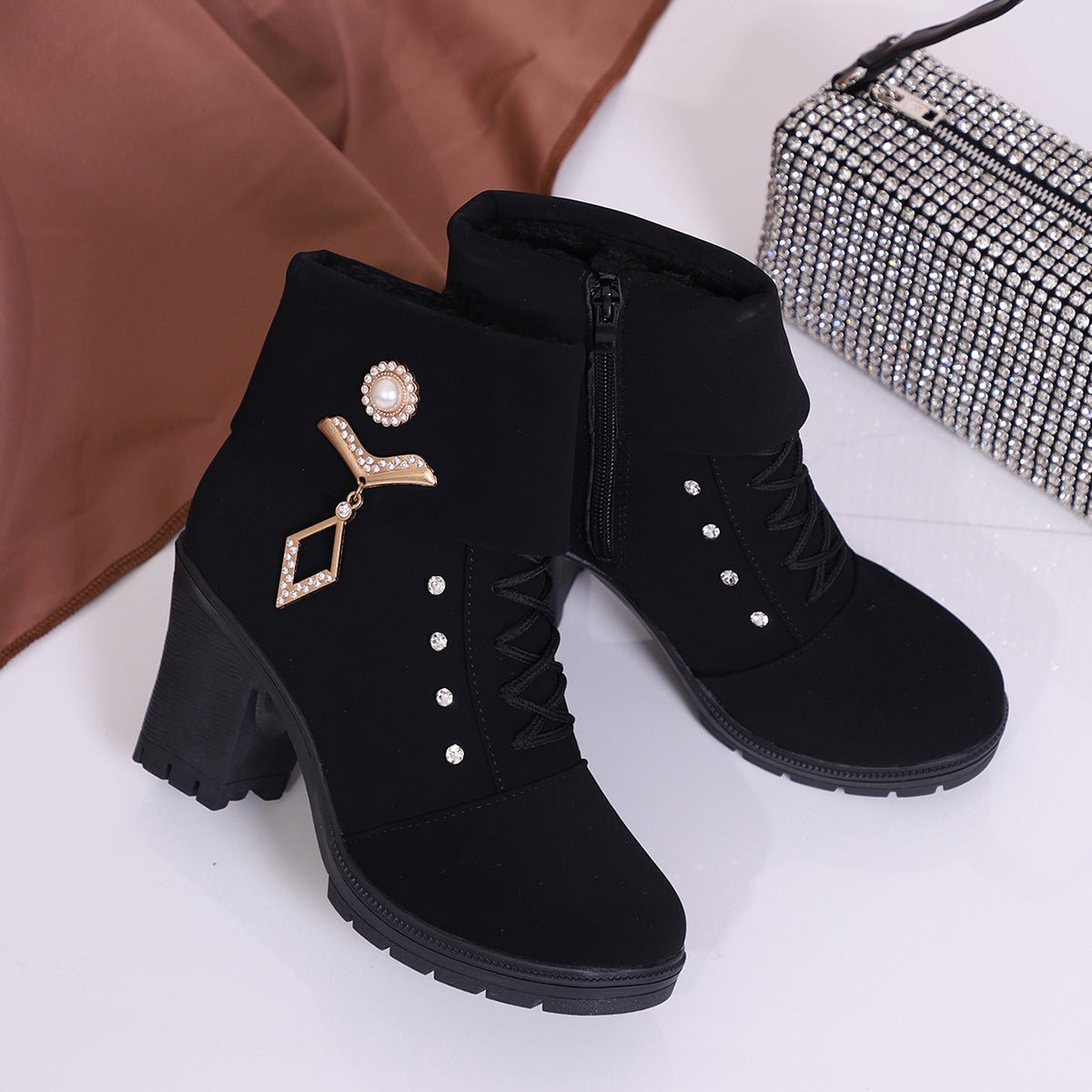 Plus Size Martin Boots Rhinestone High-heeled Cotton Boots.