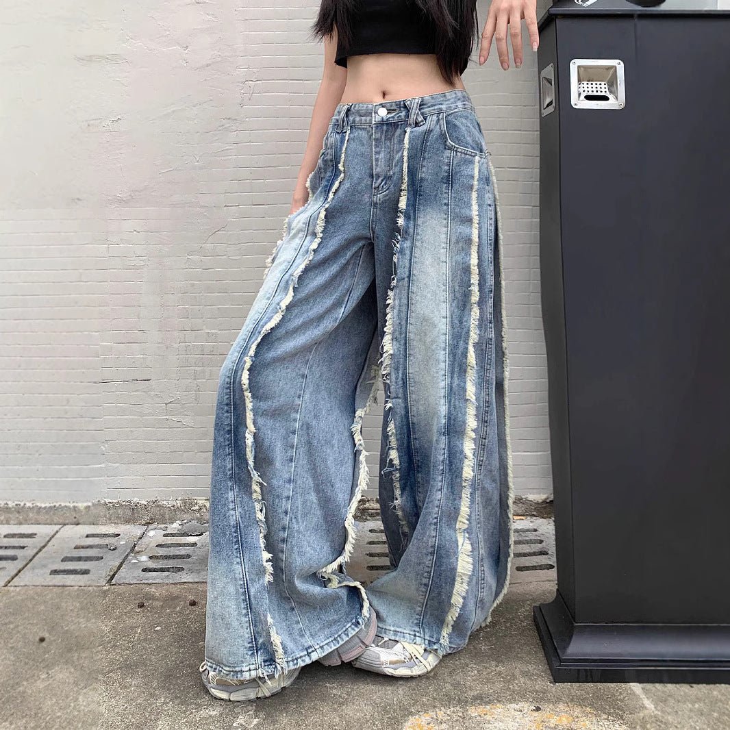 Retro High Waist Slimming Raw Edges Design Stitching Jeans.