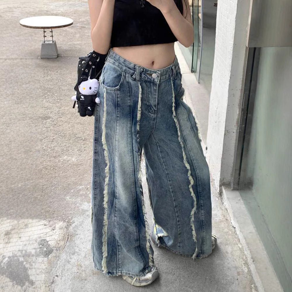 Retro High Waist Slimming Raw Edges Design Stitching Jeans.