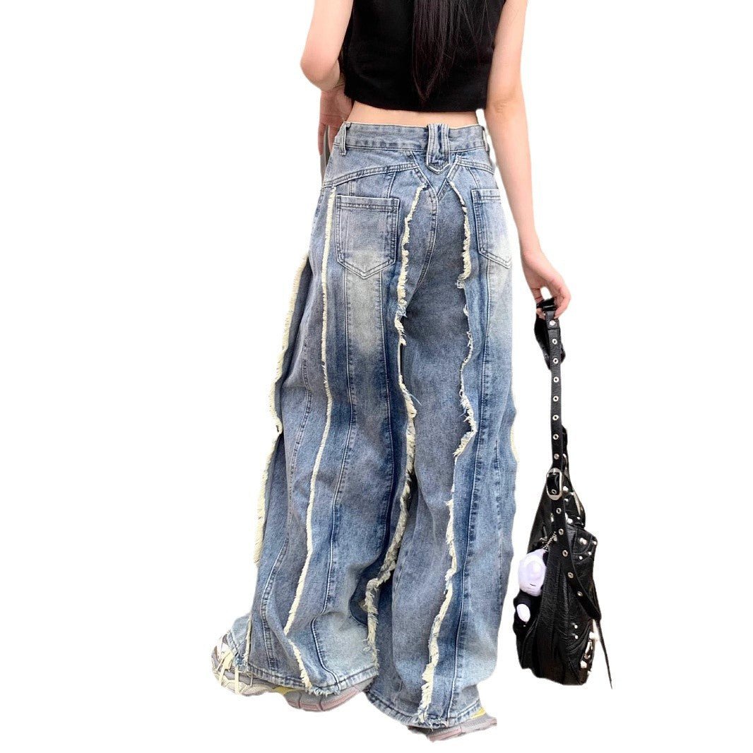 Retro High Waist Slimming Raw Edges Design Stitching Jeans.