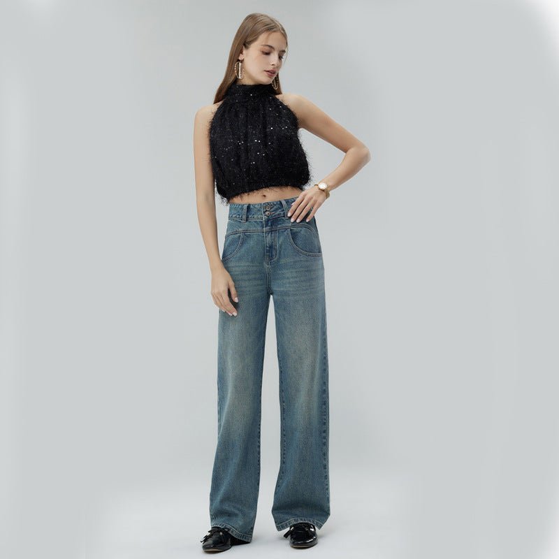 Retro Style High Waist Distressed Wide Leg Mop Pants Women.
