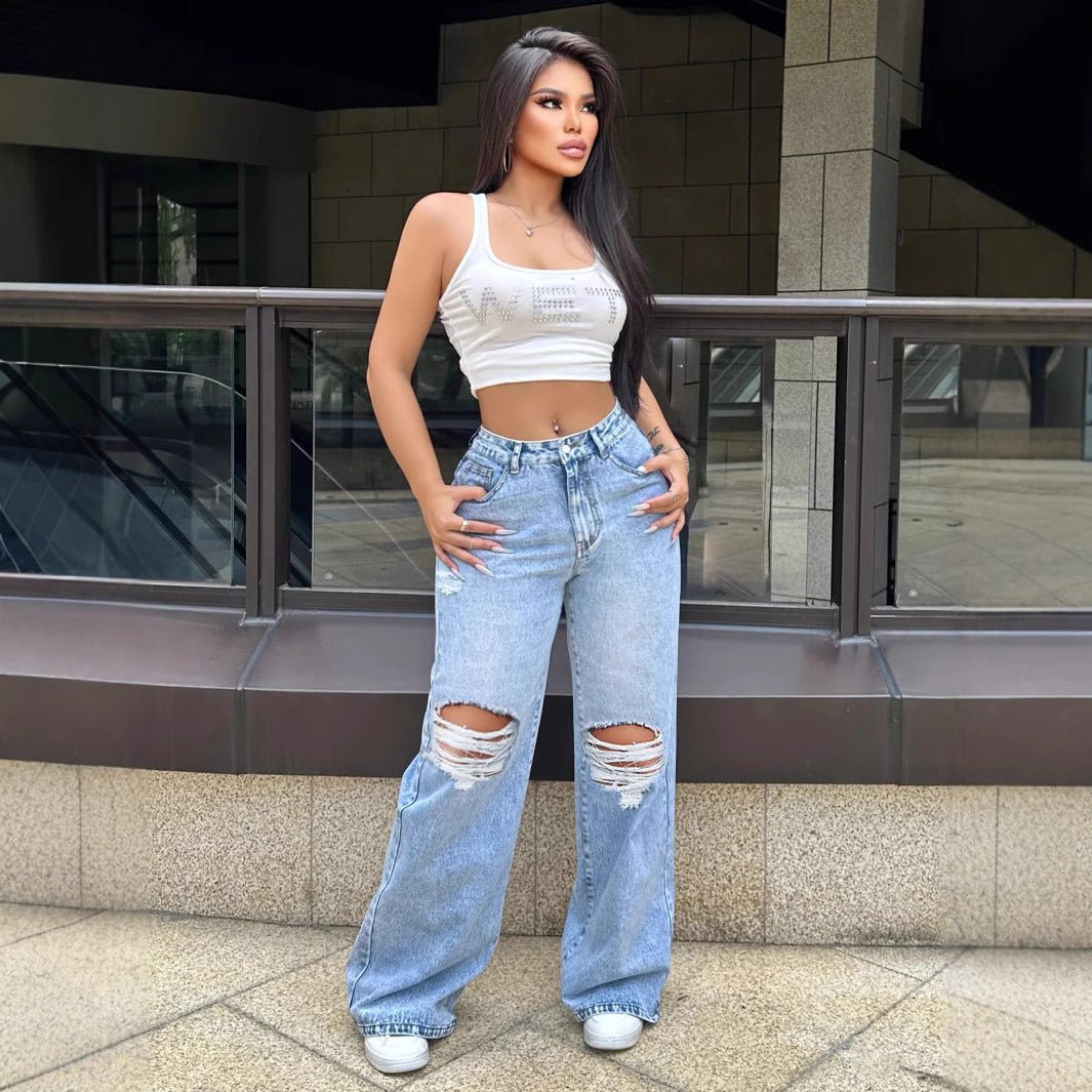 Ripped Washed Jeans Loose Straight Wide Leg.