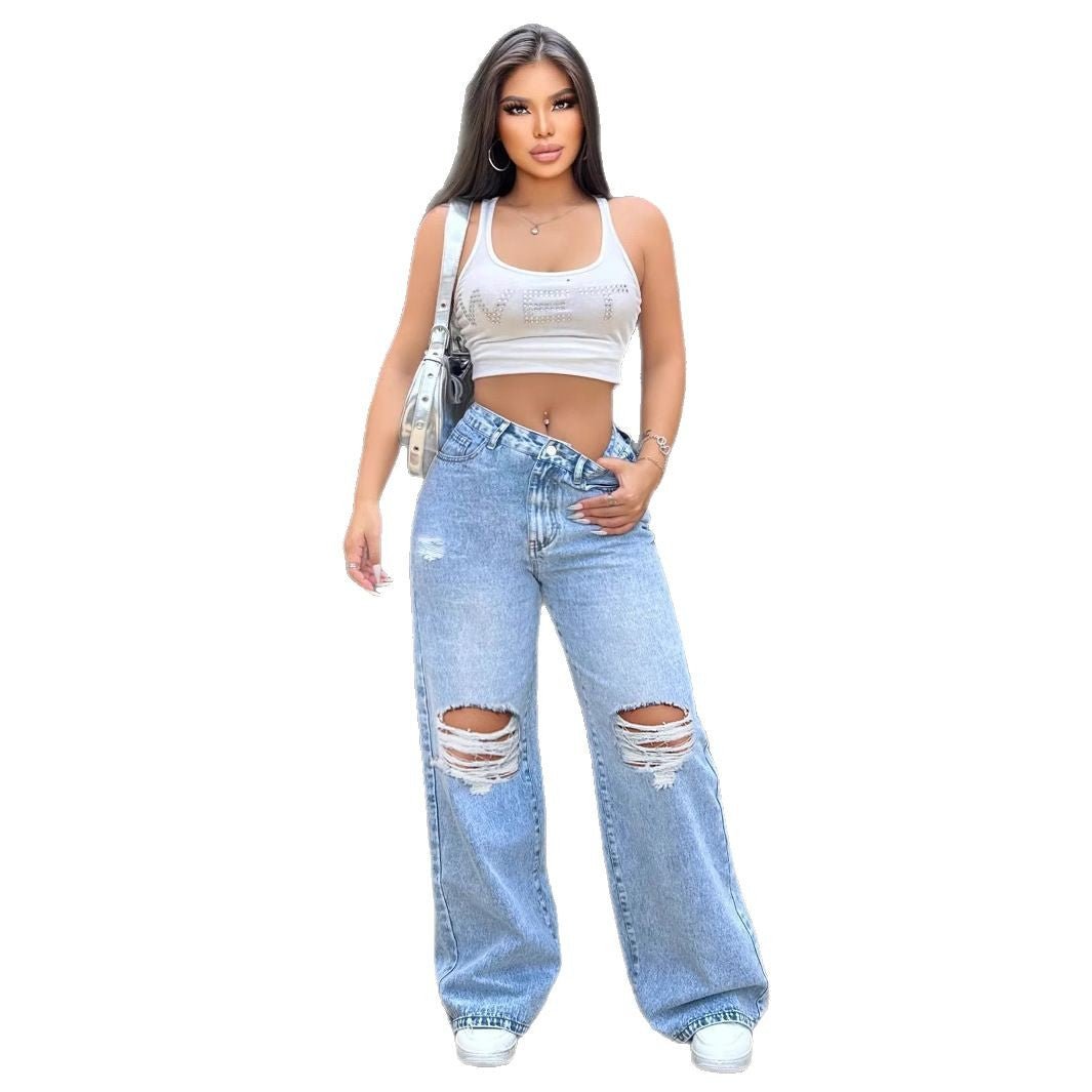 Ripped Washed Jeans Loose Straight Wide Leg.