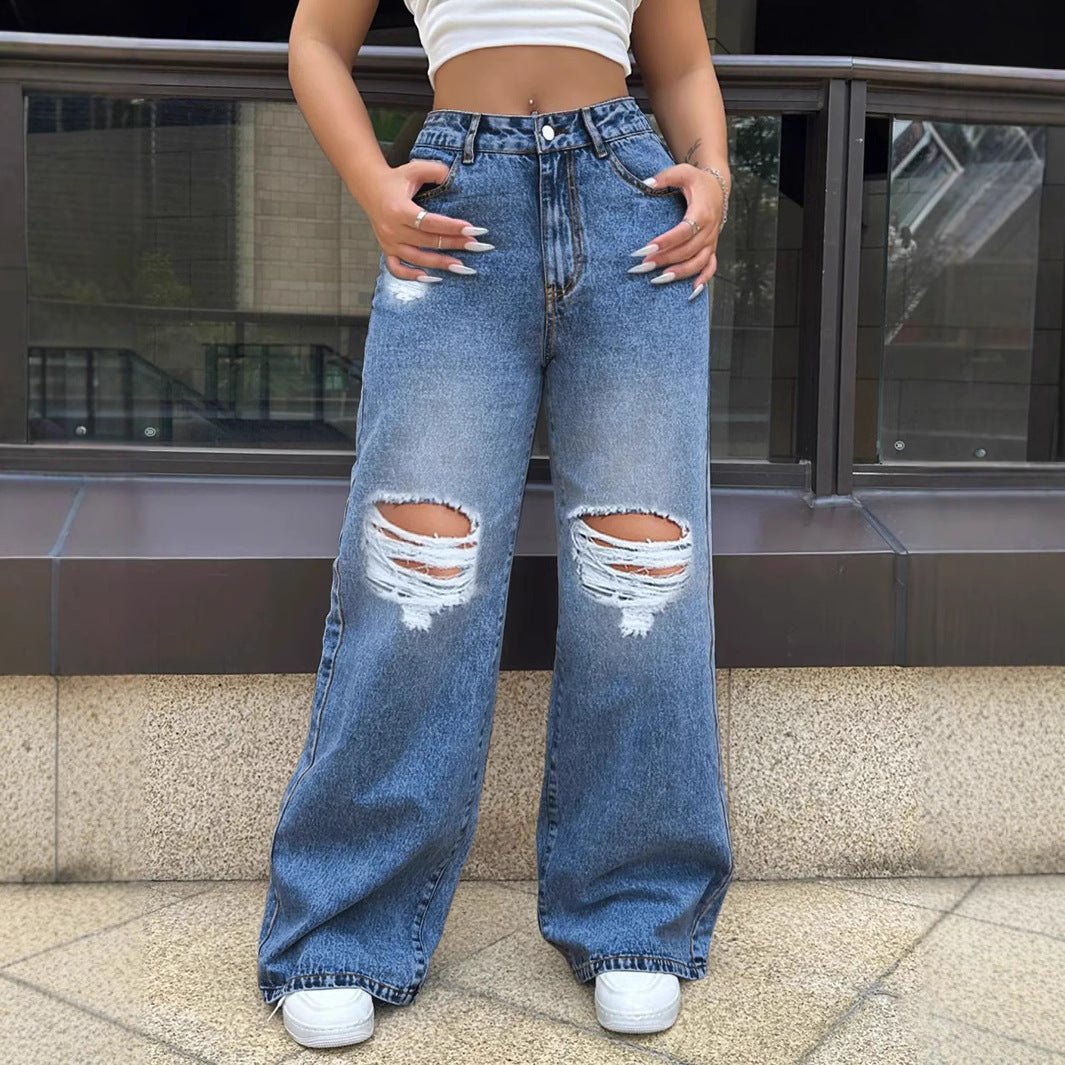 Ripped Washed Jeans Loose Straight Wide Leg.