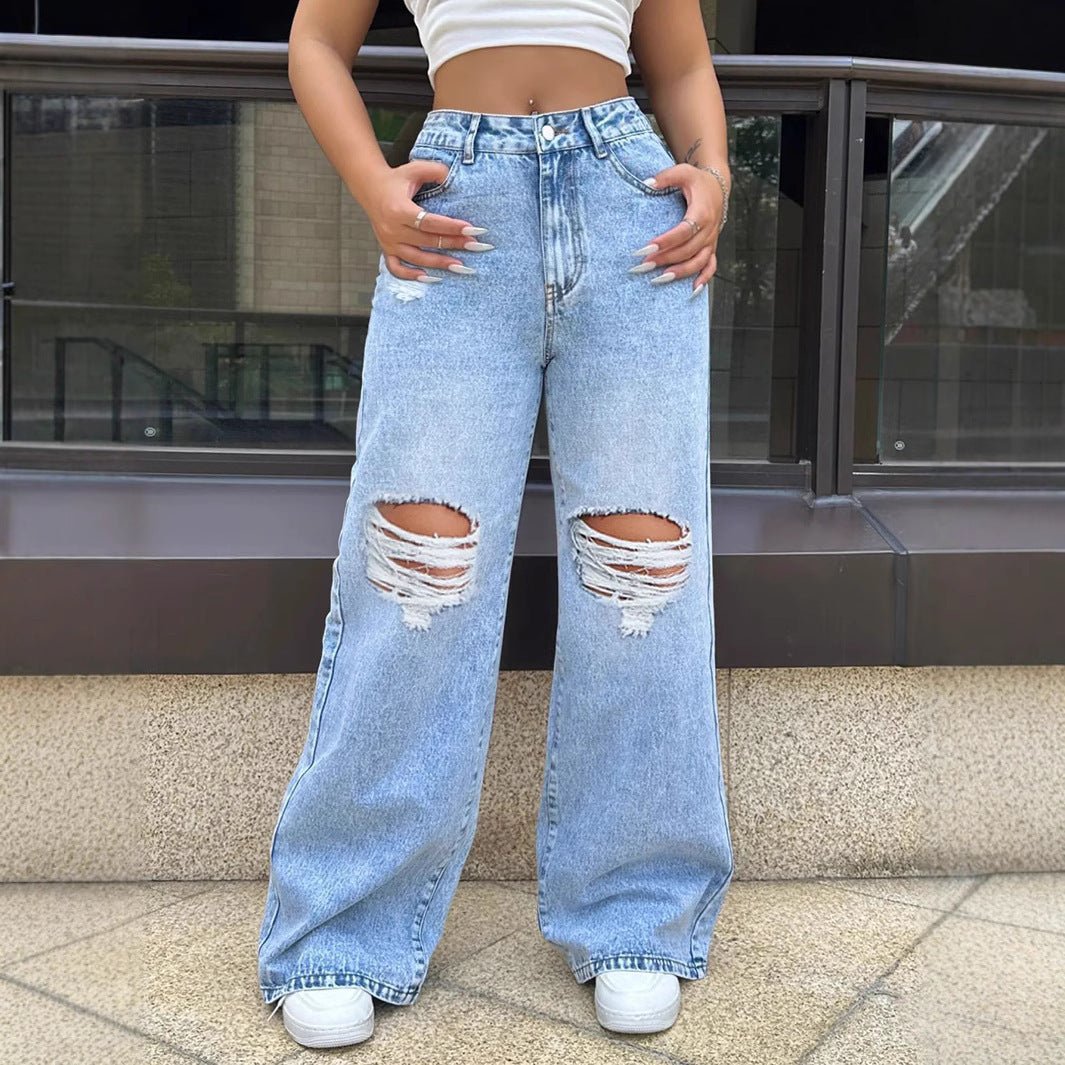 Ripped Washed Jeans Loose Straight Wide Leg.