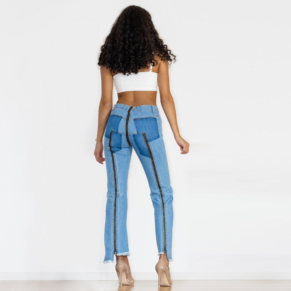 Shascullfites Women Split Straight Jeans Women Club Dancing Pants Light Blue Denim Pants Slim Fit Zipper Jeans.