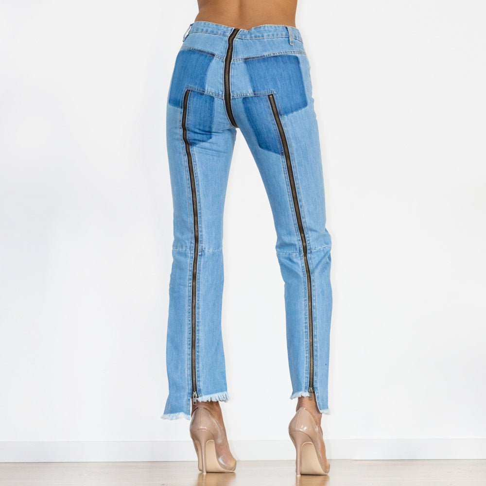 Shascullfites Women Split Straight Jeans Women Club Dancing Pants Light Blue Denim Pants Slim Fit Zipper Jeans.