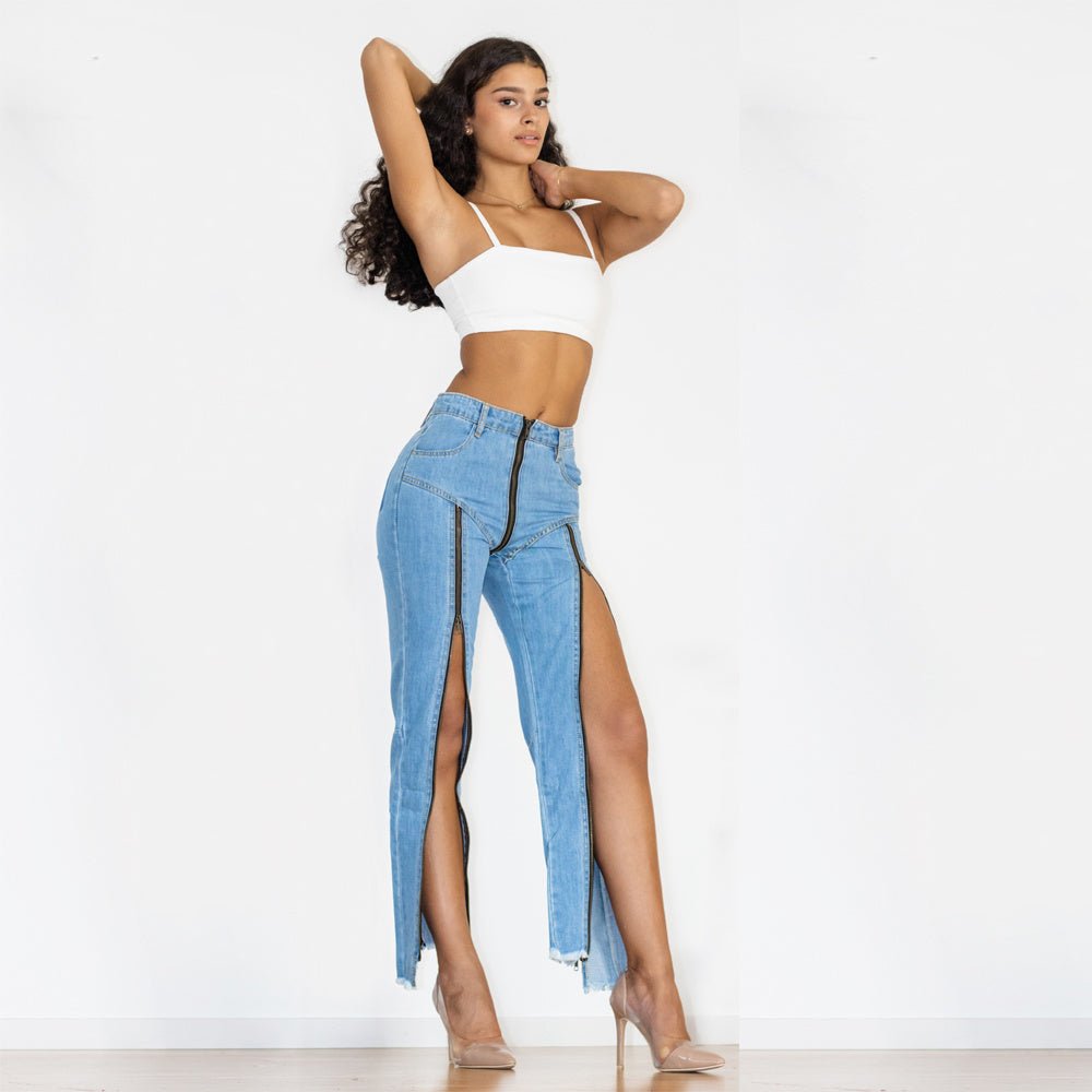 Shascullfites Women Split Straight Jeans Women Club Dancing Pants Light Blue Denim Pants Slim Fit Zipper Jeans.
