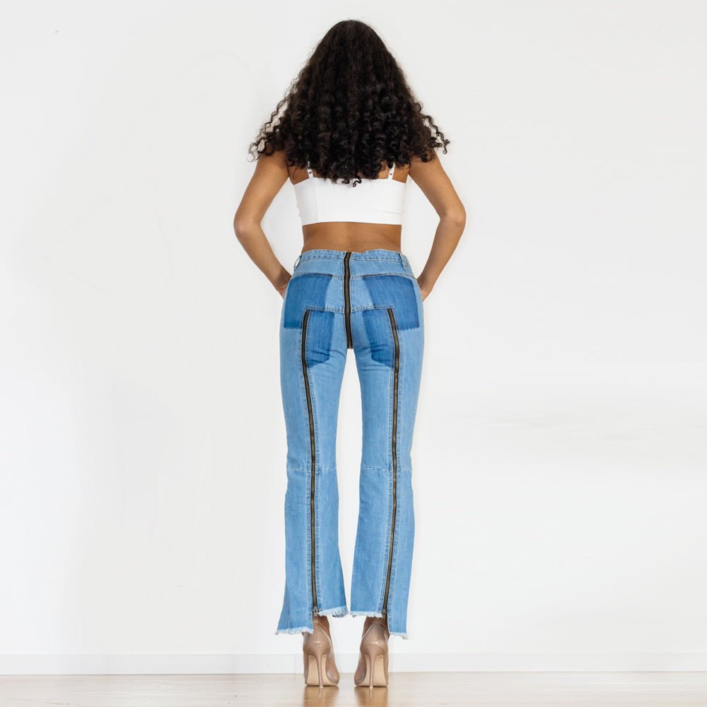Shascullfites Women Split Straight Jeans Women Club Dancing Pants Light Blue Denim Pants Slim Fit Zipper Jeans.