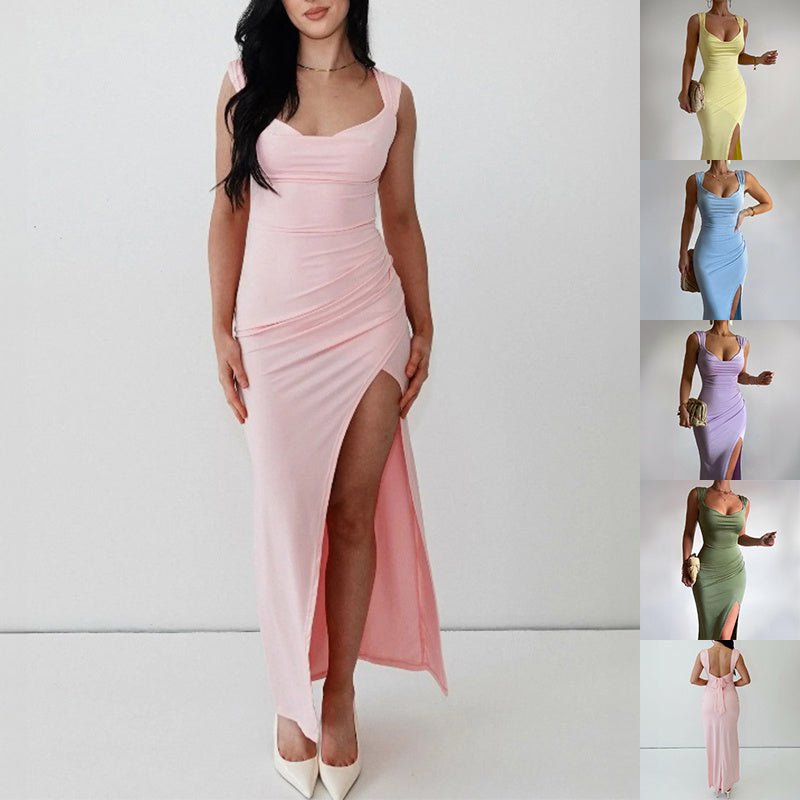 Slim Sleeveless Slit Dress With Back Tie Design Fashion Temperament Dresses For Women Clothing.