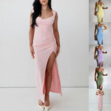 Slim Sleeveless Slit Dress With Back Tie Design Fashion Temperament Dresses For Women Clothing.