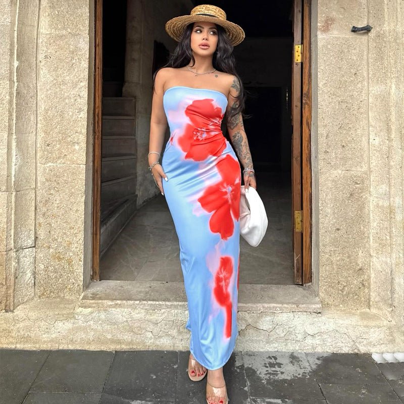Slim Slit Tube Long Dress Summer Sexy Pint Party Beach Dresses Women's Clothing.
