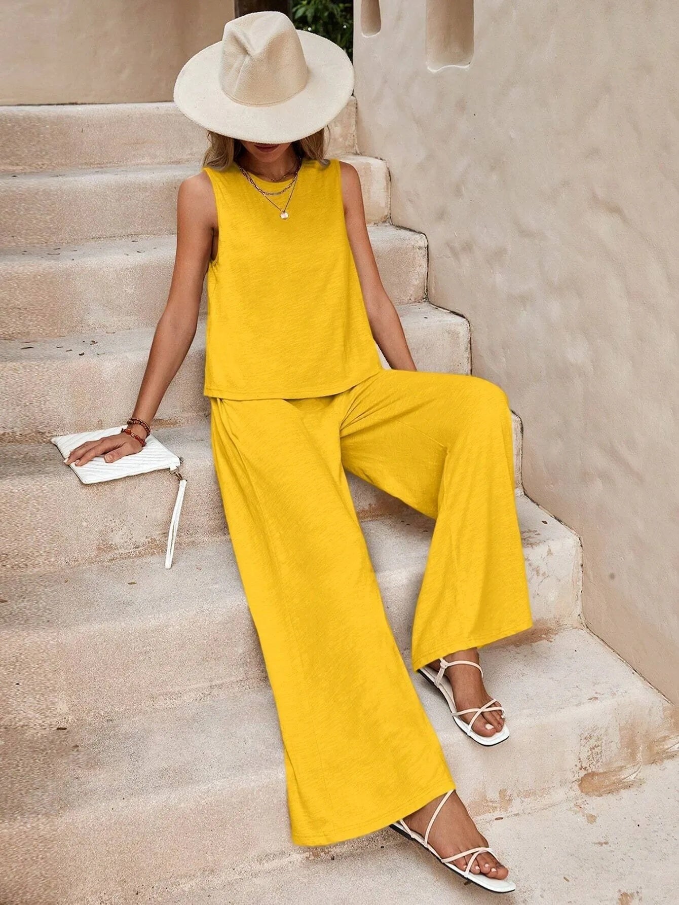 Solid Color Casual Loose Pants Sets For Women Elegant Spring Summer Women's Two Pieces Suit Full Trouser Set Female Outfit Clothes.