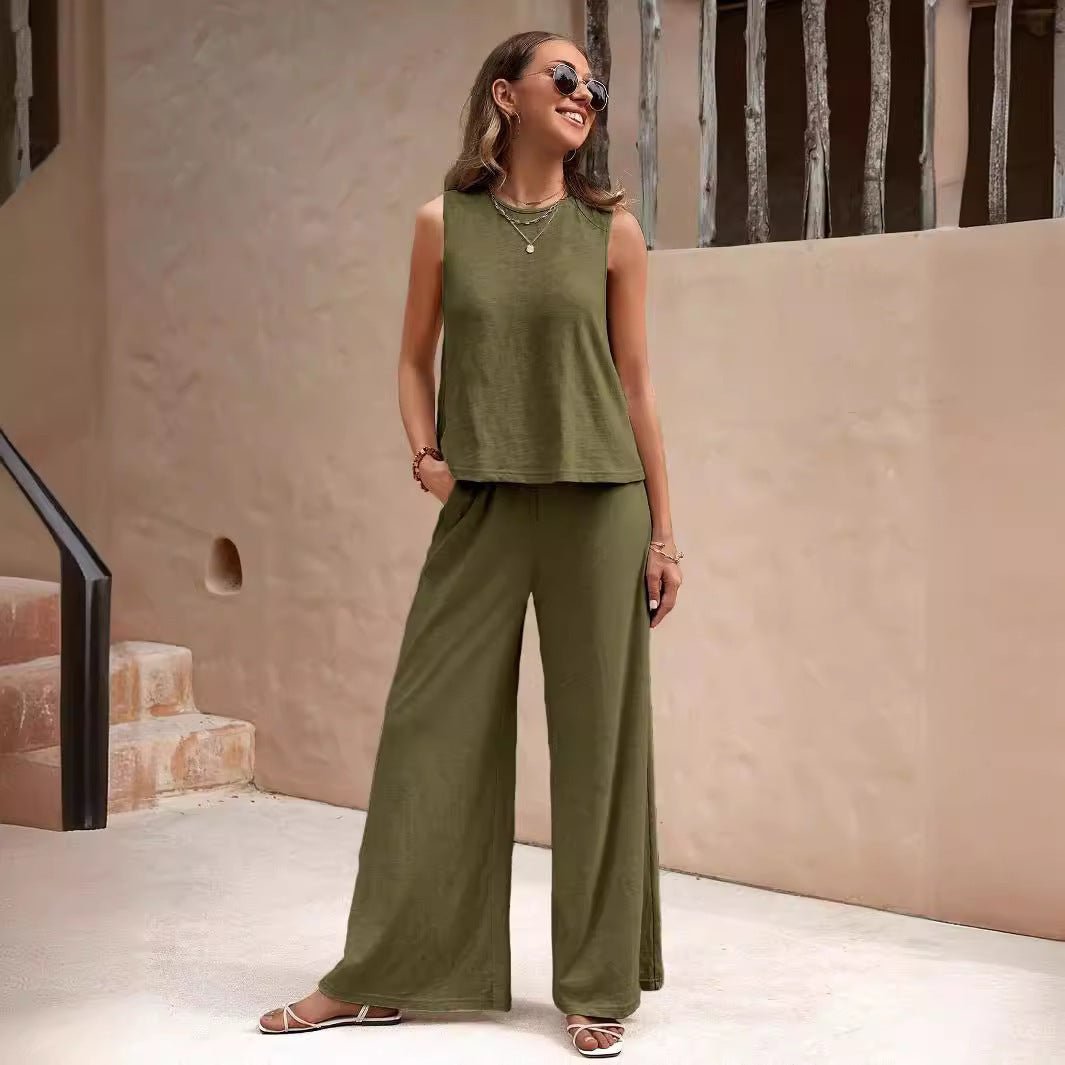 Solid Color Casual Loose Pants Sets For Women Elegant Spring Summer Women's Two Pieces Suit Full Trouser Set Female Outfit Clothes.