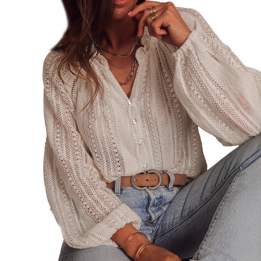 Solid Color Hollow Loose Long Sleeve Top.