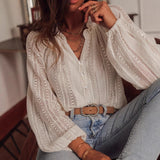 Solid Color Hollow Loose Long Sleeve Top.