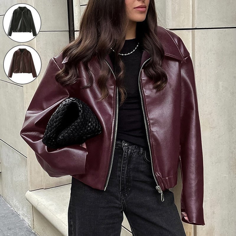 Solid Color Lapel Zipper Jacket Fashion Casual Long Sleeve Leather Coat Tops Women Clothing.