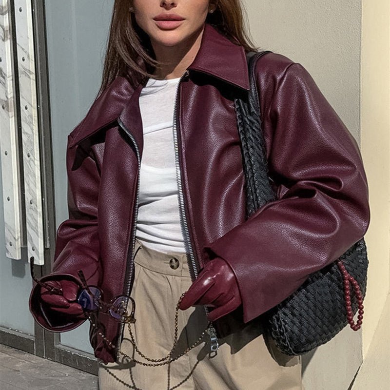 Solid Color Lapel Zipper Jacket Fashion Casual Long Sleeve Leather Coat Tops Women Clothing.