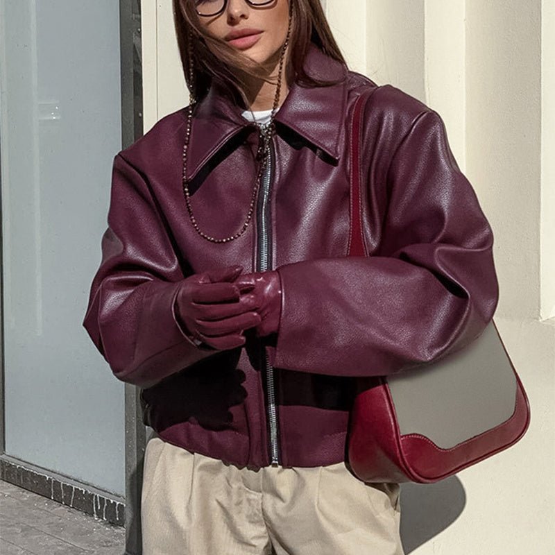 Solid Color Lapel Zipper Jacket Fashion Casual Long Sleeve Leather Coat Tops Women Clothing.