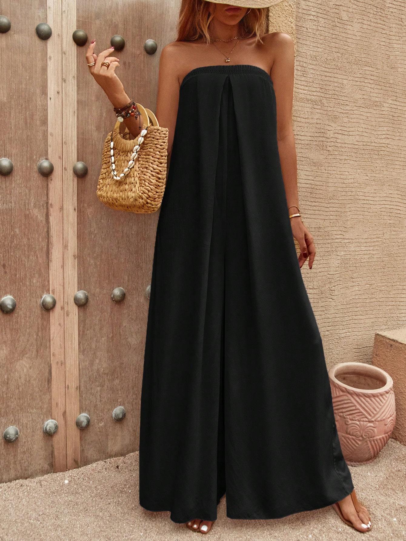 Solid Wide Leg Tube Jumpsuit.