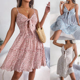 Spring And Summer Floral Bow V-neck Ruffled Large Swing Dress.