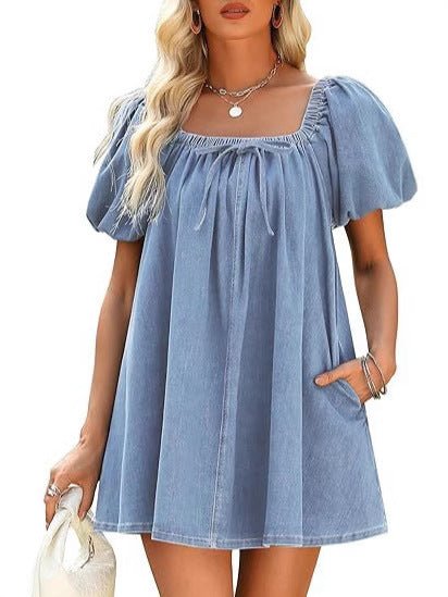 Square Collar Puff Sleeve Lace-up Elegant Denim Dress.