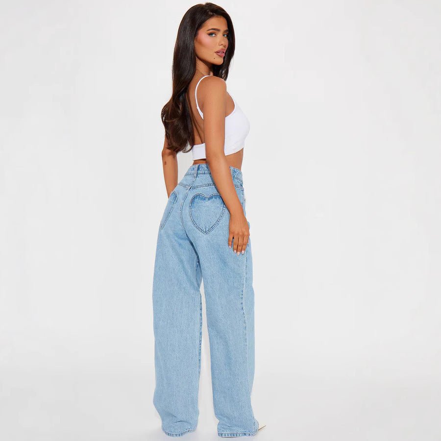Straight Slimming Trousers Love Pocket High Waist Loose Jeans.