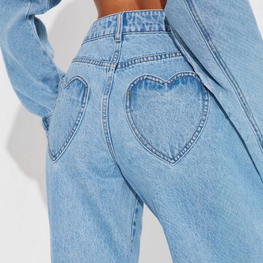Straight Slimming Trousers Love Pocket High Waist Loose Jeans.